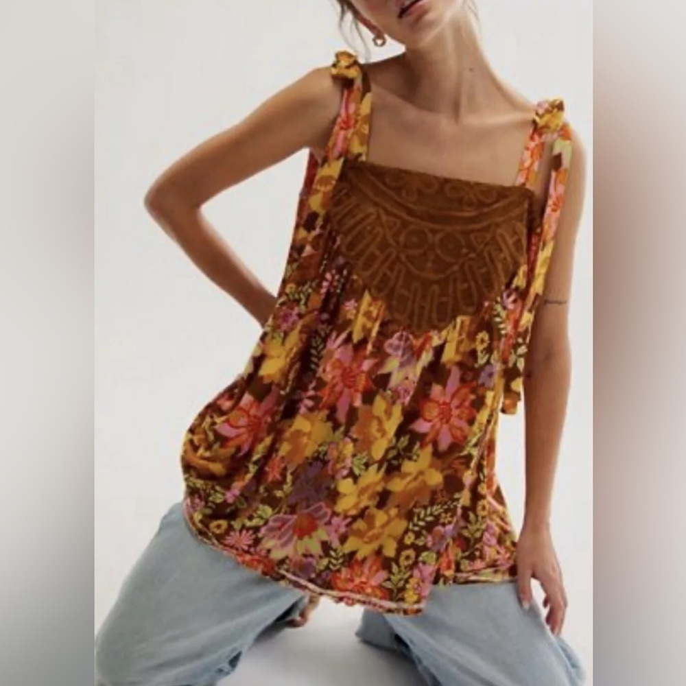 NWOT Hippie Bohemian Free People Tie Shoulder Swing Tank Small Oversized